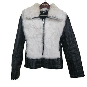 Vtg Cosmopel Quilted Leather Rabbit Fur Jacket Women Med Black White Greece Luxe